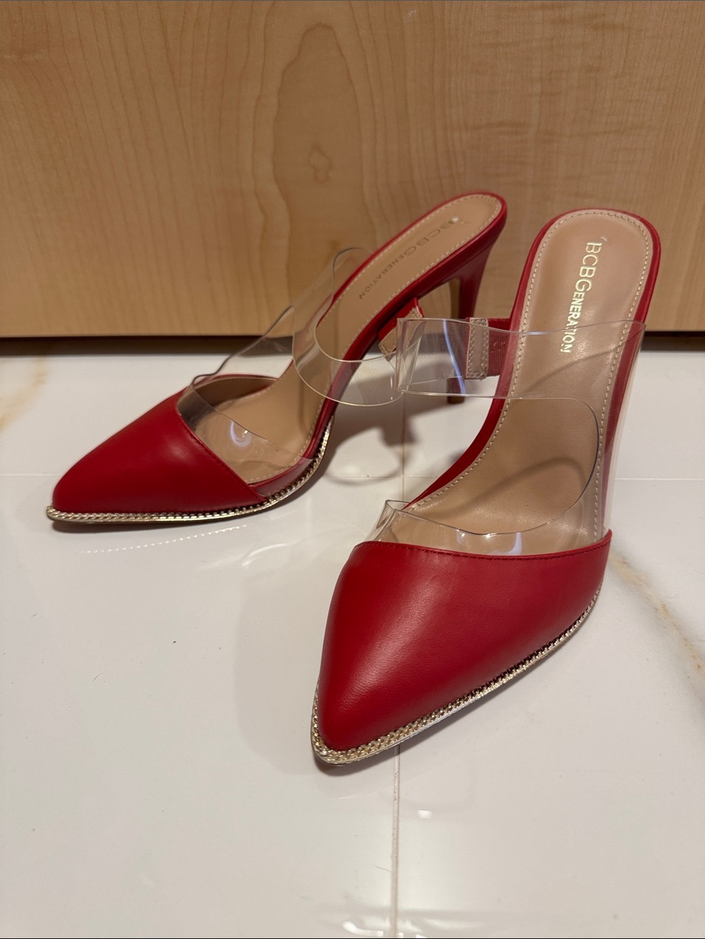 BCBGeneration Red Pointed-Toe Clear Strap Mule Heels